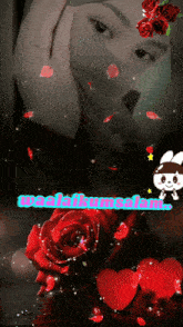 a woman 's face is surrounded by red roses and hearts with the words " waktuku malam " written in blue