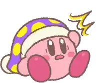 a cartoon of kirby wearing a purple and yellow polka dot hat
