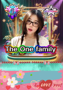 a picture of a girl with glasses and the words the one family