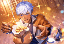 a man holding a bowl of gold coins in his hands
