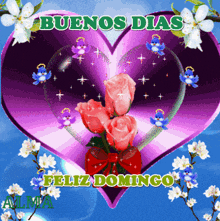 a purple heart with pink roses and the words buenos dias feliz domingo