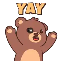 a cartoon teddy bear says yay with his arms up