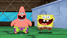 patrick star and spongebob are standing next to each other and smiling