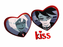 a couple of hearts with the word kiss in red
