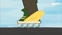 a cartoon of a boy wearing a green hat with a yellow triangle on it