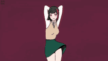 a drawing of a girl with a green skirt and a drawing of a girl with red hair and the words " ? ! "
