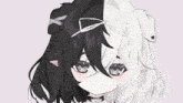 a close up of a black and white anime girl with a bow on her head .