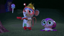 a cartoon mouse wearing a crown and goggles stands next to a purple monster