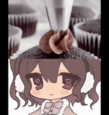 a picture of a girl with hearts on her eyes next to a picture of a cupcake