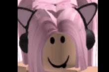 a girl with pink hair and black headphones is smiling .