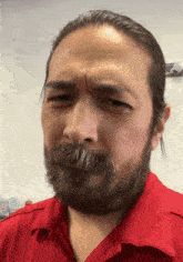 a man with a beard wearing a red shirt looks at the camera