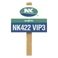 a sign for syngenta nk422 vip3 is on a wooden post