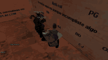 a man in a video game is standing in front of a wall that says " anti-rol " on it
