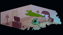 a cartoon drawing of a room with a bed and a tv