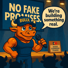 a bull is holding a microphone in front of a sign that says " we 're building something real "