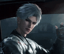 a man with gray hair is wearing a leather jacket and gloves