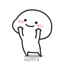 a cartoon character with a smile on his face is standing with his hands in the air .