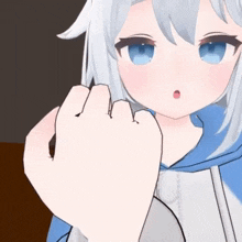 a 3d anime girl with white hair and blue eyes is holding her fist up in the air .
