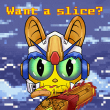 a cartoon drawing of a robot eating pizza with the words want a slice below it