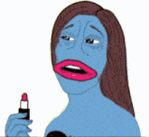 a cartoon drawing of a woman holding a red lipstick