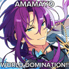 a picture of a person with purple hair and the words world domination !