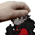 a pixel art of a hand petting a person 's head .