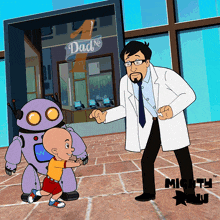 a cartoon of a man and a robot in front of a dad 's store