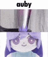 a picture of a stuffed doll with purple hair and the name auby