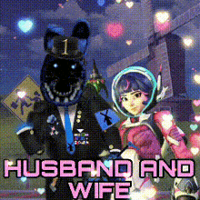 a cartoon of a husband and wife standing next to each other on a street