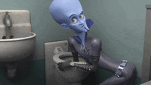 a cartoon character sits on a toilet with a watch on his wrist