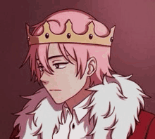 a drawing of a boy with pink hair wearing a crown and a fur coat .