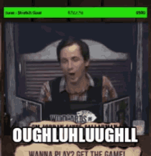 a man in a plaid shirt is holding a book in front of a sign that says " oughluhluughll "