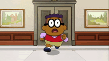 a cartoon character with a surprised look on his face is running in a hallway