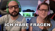 a man and a woman wearing headphones with ich habe fragen written in black
