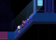 a group of cartoon characters are standing on a set of stairs in a dark room