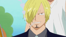 a man with blonde hair is smoking a cigarette in a cartoon