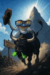 a cartoon character is riding a bull with a sign that says ribbit hole
