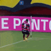 a soccer player wearing a number 9 jersey is running on the field
