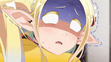 a blonde anime girl with a blue mask on her head