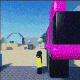 a cartoon character standing in front of a pink vehicle