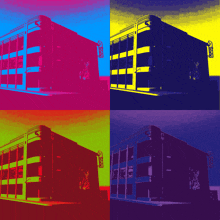 four different colored images of a building with a sign that says ' castro ' on it