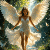 a painting of a woman in a white dress with angel wings by pixverse