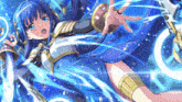 a blue haired anime girl is holding a sword