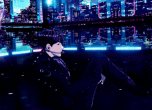 a cartoon drawing of a man laying down in front of a city skyline