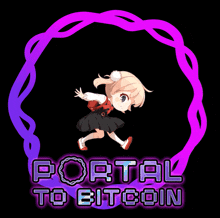 a portal to bitcoin logo with a girl in a purple circle