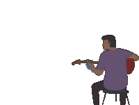 a man in a purple shirt is sitting on a chair playing a guitar