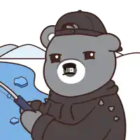 a cartoon of a teddy bear holding a fishing rod in front of a body of water