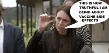 a woman with a speech bubble that says ' this is how truthful i am being about vaccine side effects '
