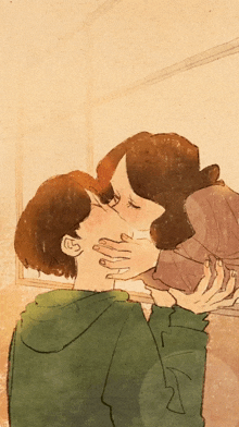 a drawing of a man and a woman kissing with the man wearing a green hoodie