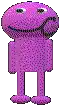 a pixel art drawing of a purple monster with a smile on its face and arms .